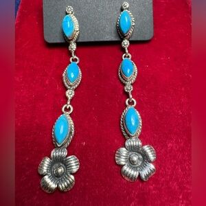 Earrings 925 Sterling Silver Long Dangle Floral Genuine Turquoise